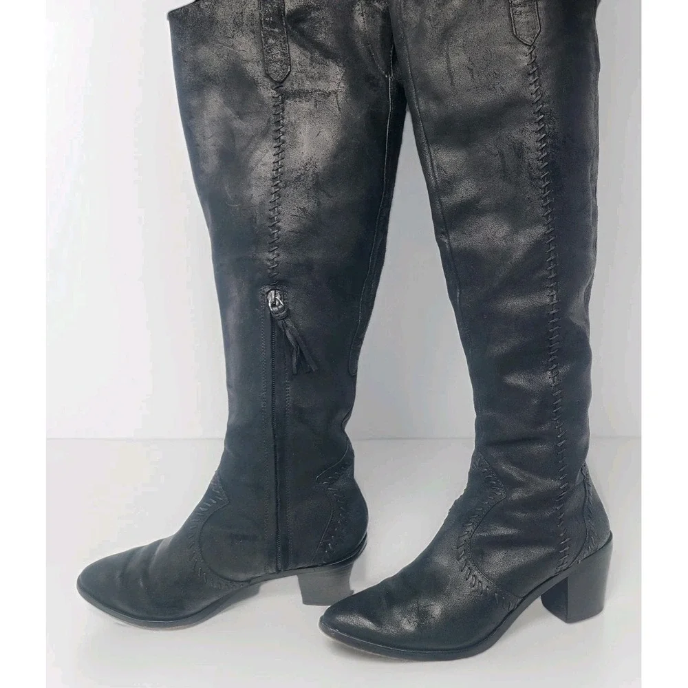 Rebecca Minkoff Over‎ The Knee Boots Whipstitch 9M Black Leather Textured